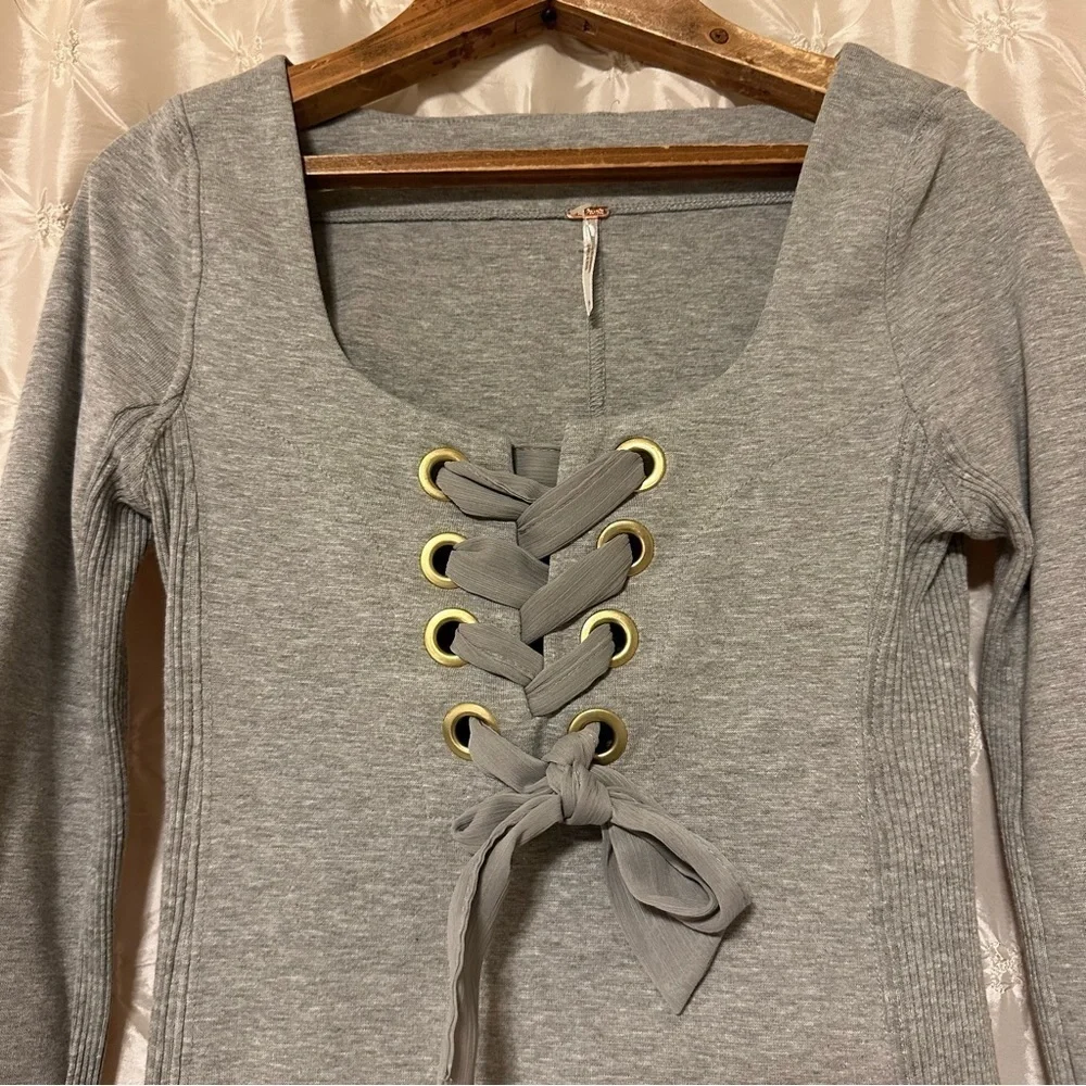 Free People Dove Gray Looking Back Lace Up Long Sleeve Top - Picture 5 of 16